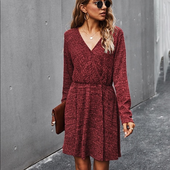🍁🆕V Neck Long Sleeve Fall Dress Wine - Picture 4 of 7